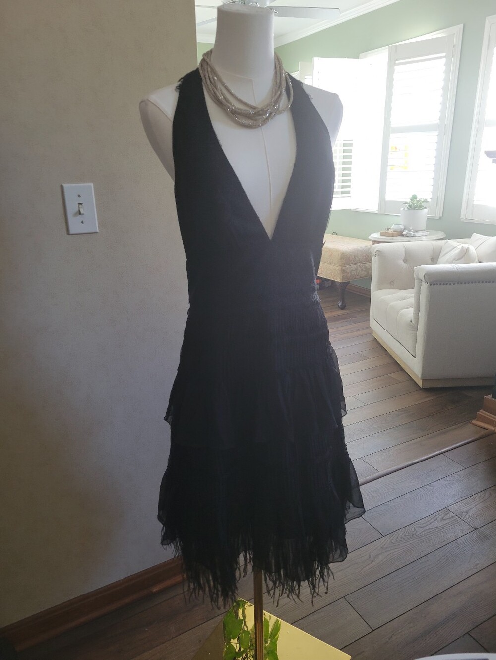BCBGMaxAzria Black Deep V-Neck Tiered Evening Dress